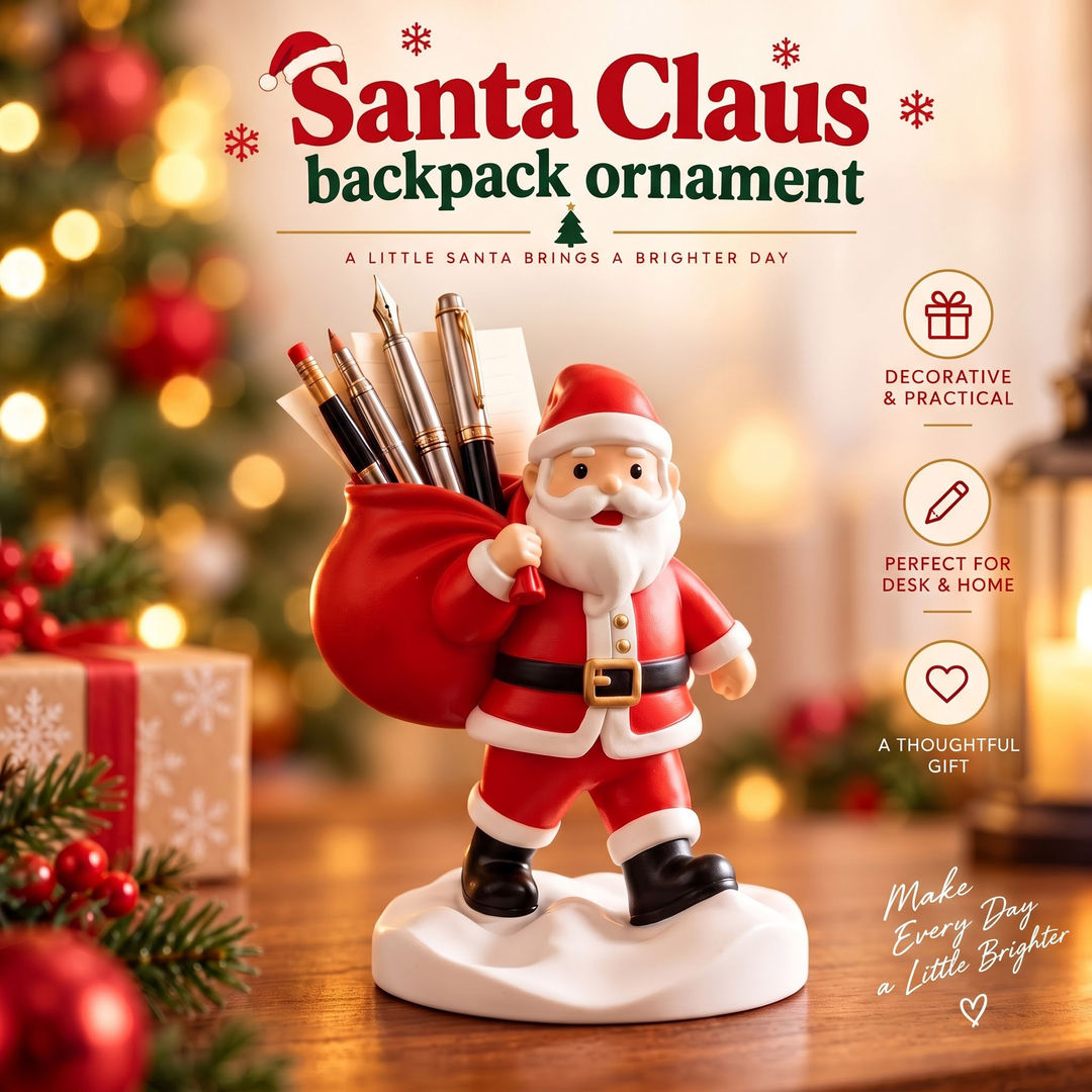 Santa Claus Figurine Pen Holder - Christmas Santa with Toy Sack Desk Organizer, Holiday Office Decor & Gift for Coworkers, Teachers & Family