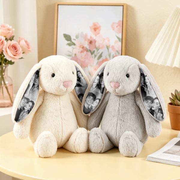 Custom Photo Couple Bunny Plush Personalized Hidden Ear Picture Bunny Gift for Couples Anniversary Gifts - Photowatch