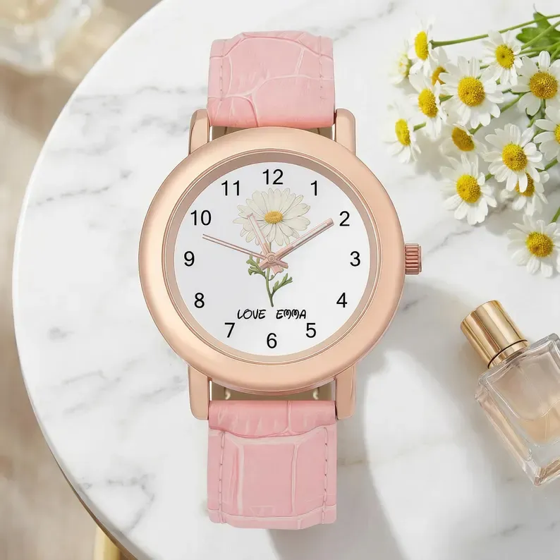 Birth Flower Custom Watch for MOM, Personalized Floral Wrist Watch, Mothers Day Gift, Birthday Gift for Her, Engraved Name Watch