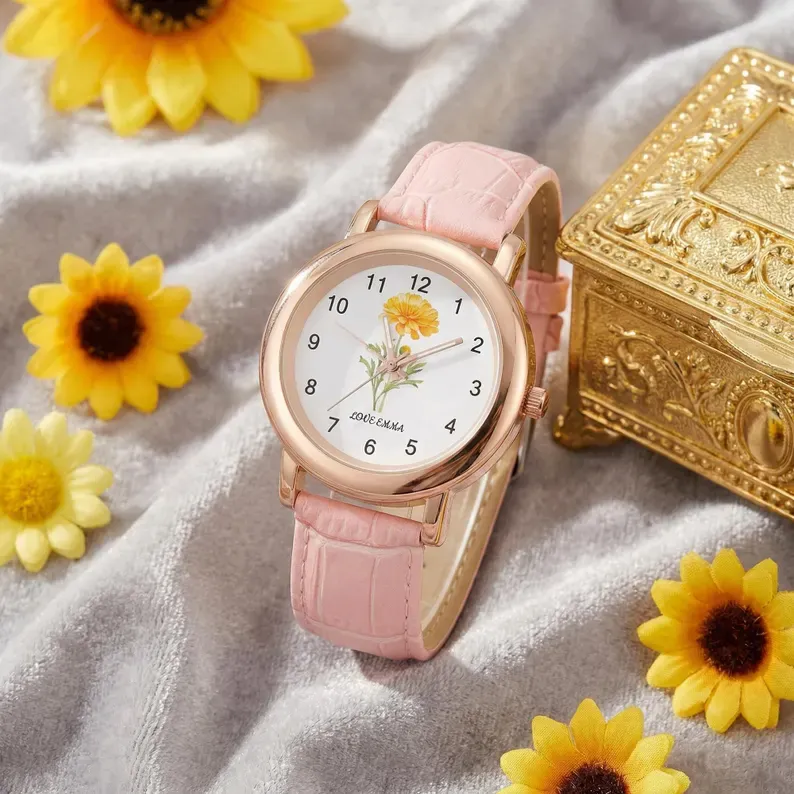 Birth Flower Custom Watch for MOM, Personalized Floral Wrist Watch, Mothers Day Gift, Birthday Gift for Her, Engraved Name Watch