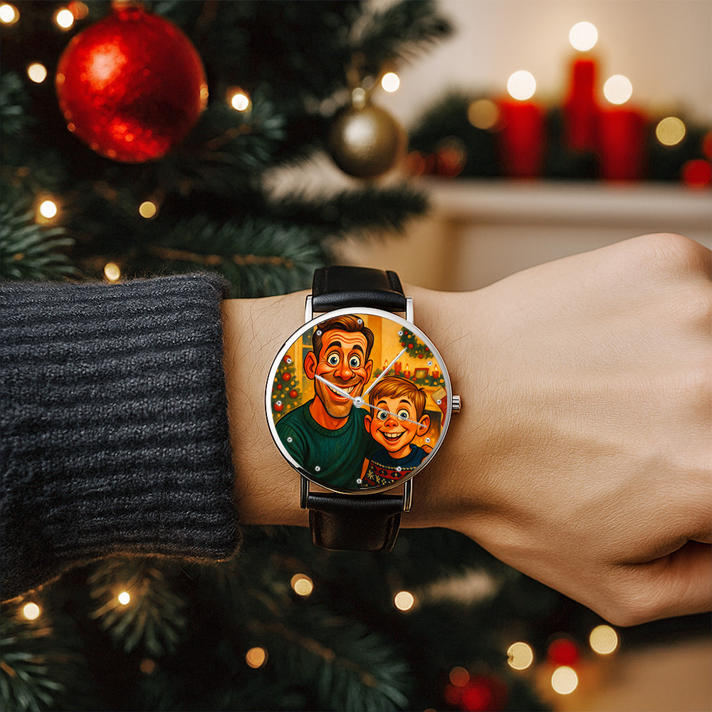 Personalized Engraved Watch, Photo Watch With Black Leather Strap