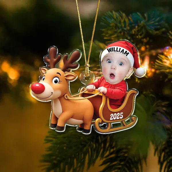 Custom Baby Photo Reindeer Christmas Acrylic Ornament - Photowatch