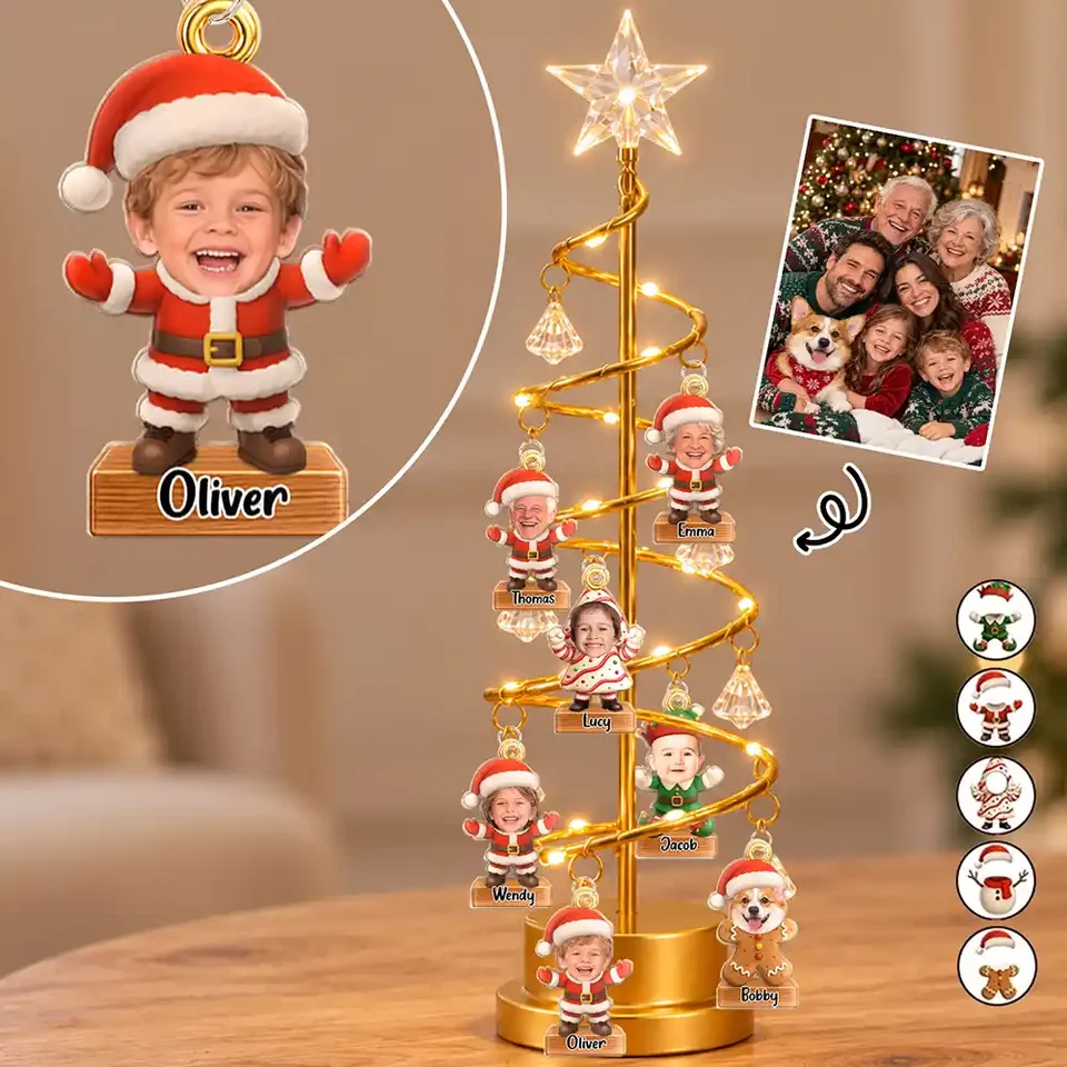 Personalized Custom Photo & Name Christmas LED Tree Lights, Family Together Santa Elf Snowman, Best Christmas Gift for Family