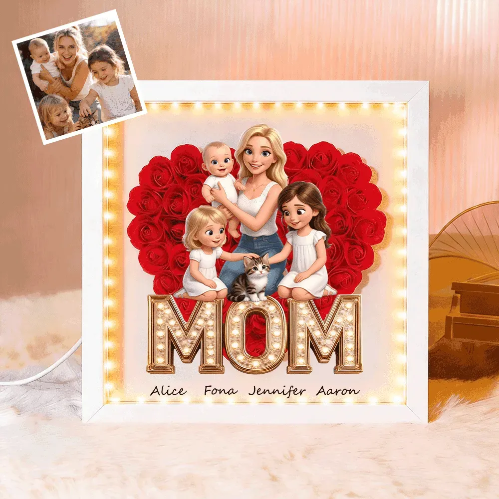 Personalized Flower Shadow Box with Light, Custom Photo & Name Gift For Mom, Gift For Mother's Day - Photowatch