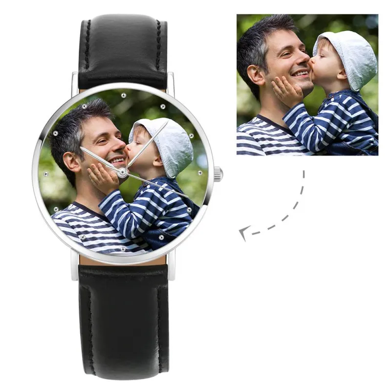 Father's Day Gift - Personalized Engraved Watch, Photo Watch With Black Leather Strap 40mm - photowatch
