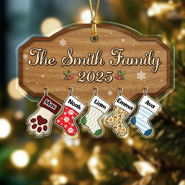 Personalized Family Christmas Ornament 2025 Custom Name Stocking Design, Wooden Family Name Plaque, Holiday Keepsake Gift - Photowatch