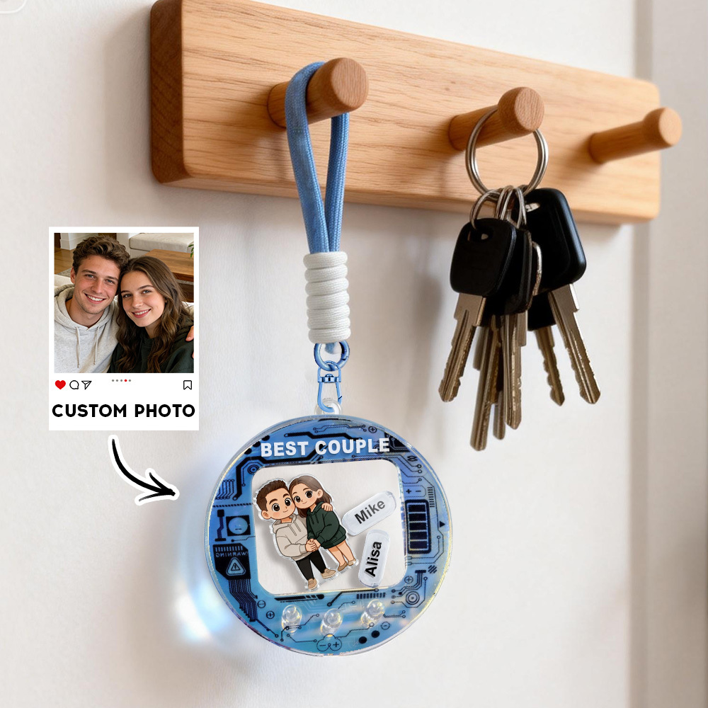 Personalized Shaker Couple Keychain, Custom Cartoon Portrait with Names, Tamagotchi Style Gift