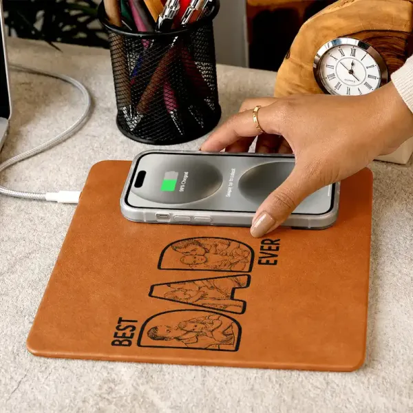 Custom Photo Bold Sketch Best Dad Ever - Personalized Leather Charging Mat