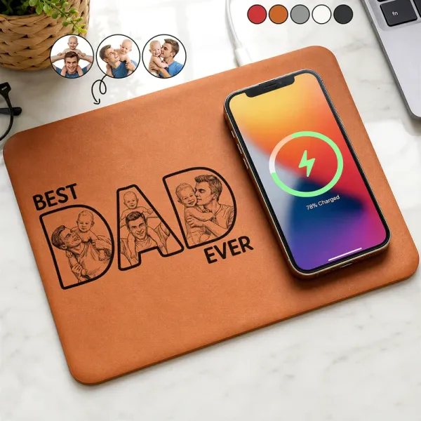 Custom Photo Bold Sketch Best Dad Ever - Personalized Leather Charging Mat