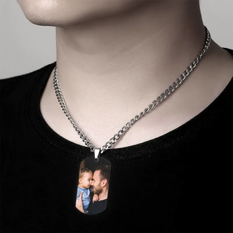 Father's Day Gifts Men's Photo Tag Necklace With Engraving Stainless Steel - photowatch