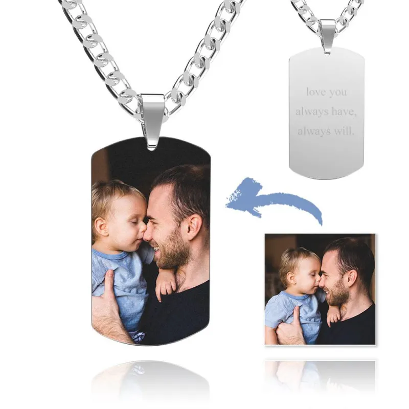 Father's Day Gifts Men's Photo Tag Necklace With Engraving Stainless Steel - photowatch