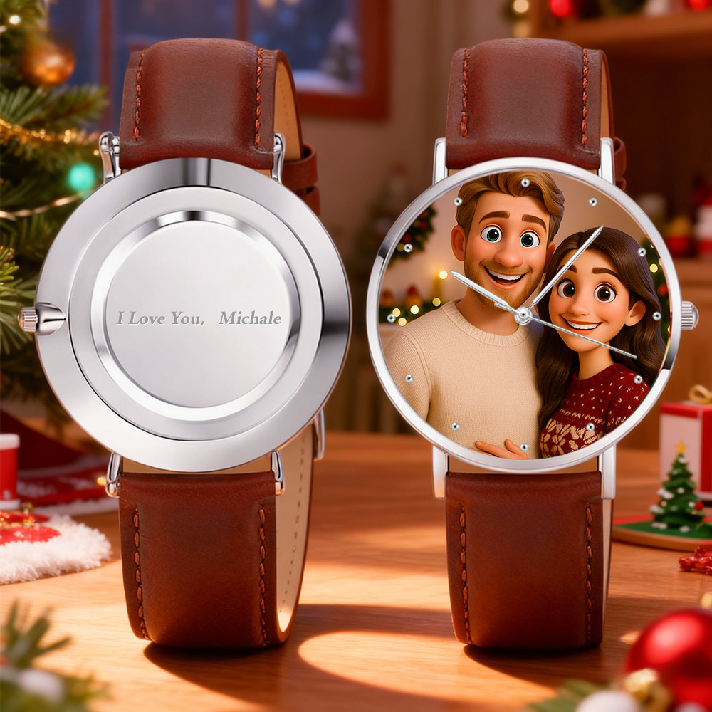 Personalized Engraved Watch, Photo Watch With Black Leather Strap