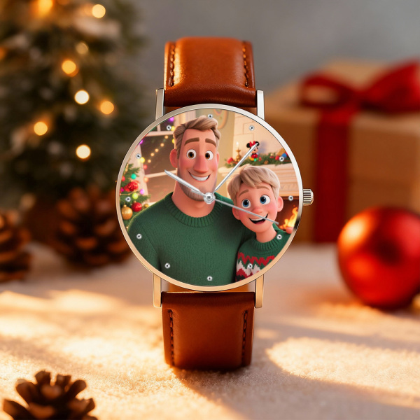 Personalized Engraved Watch, Photo Watch With Black Leather Strap