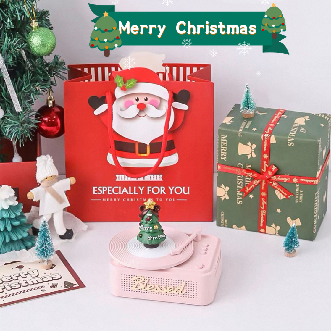 Christmas Retro Record Player Bluetooth Speaker | Rotating Christmas Tree Decor | Festive Gift with Music & Light