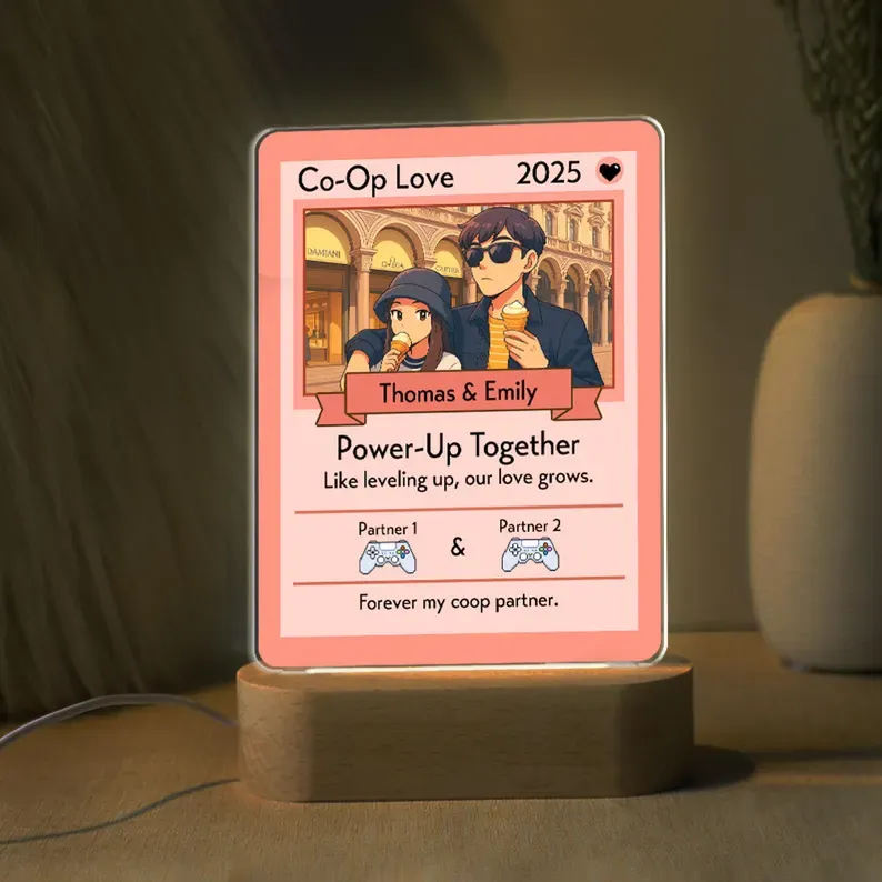 Personalized Anime Game Card Night Light With Wooden Base, Custom Couple Valentine's Day Anniversary Gifts,  Wedding Gift, Gamer Birthday Gift for Him or Her