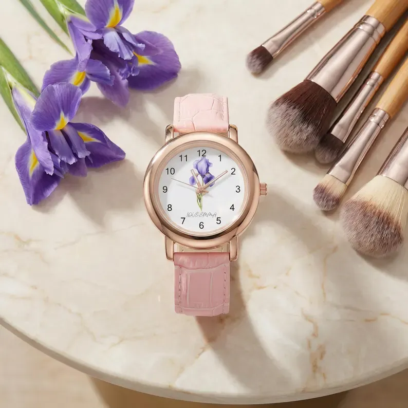 Birth Flower Custom Watch for MOM, Personalized Floral Wrist Watch, Mothers Day Gift, Birthday Gift for Her, Engraved Name Watch