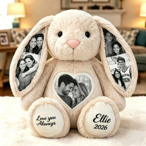 Custom Heart Photo Bunny Plush – Personalized Hidden Ear Picture Bunny Custom Text Anniversary Gift for Couples - Photowatch