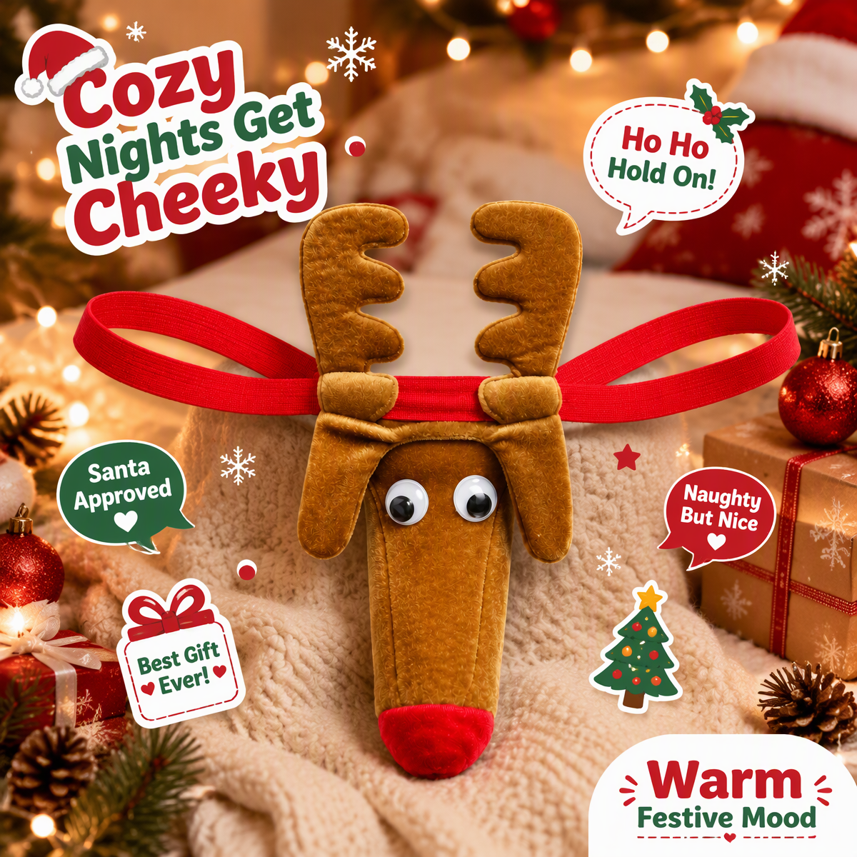 Mens Funny Reindeer Novelty Jockstrap with Plush Antlers and Red Nose Christmas Gift for Him