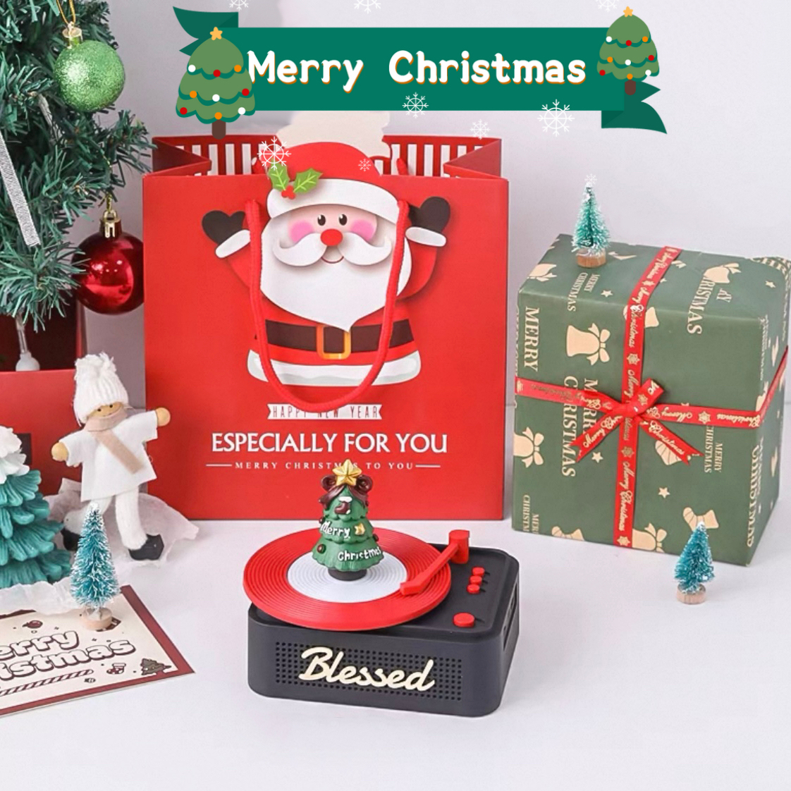 Christmas Retro Record Player Bluetooth Speaker | Rotating Christmas T