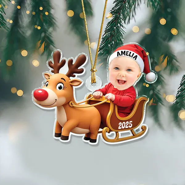 Custom Baby Photo Reindeer Christmas Acrylic Ornament - Photowatch