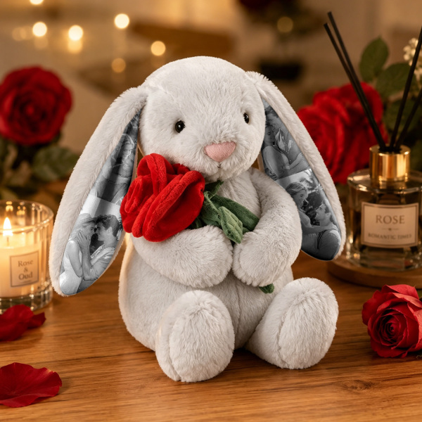 Custom Photo Red Love Heart Bunny Plush Personalized Hidden Ear Picture Bunny Gift for Couples Anniversary Gifts - Photowatch