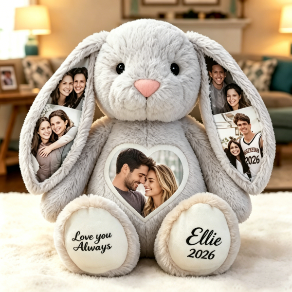 Custom Heart Photo Bunny Plush – Personalized Hidden Ear Picture Bunny Custom Text Anniversary Gift for Couples - Photowatch