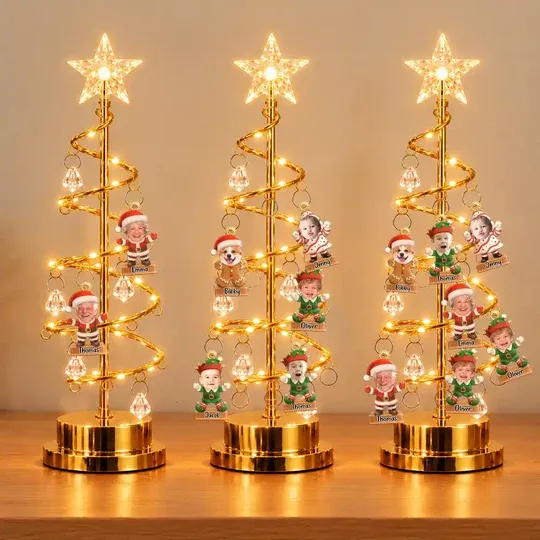 Personalized Custom Photo & Name Christmas LED Tree Lights, Family Together Santa Elf Snowman, Best Christmas Gift for Family