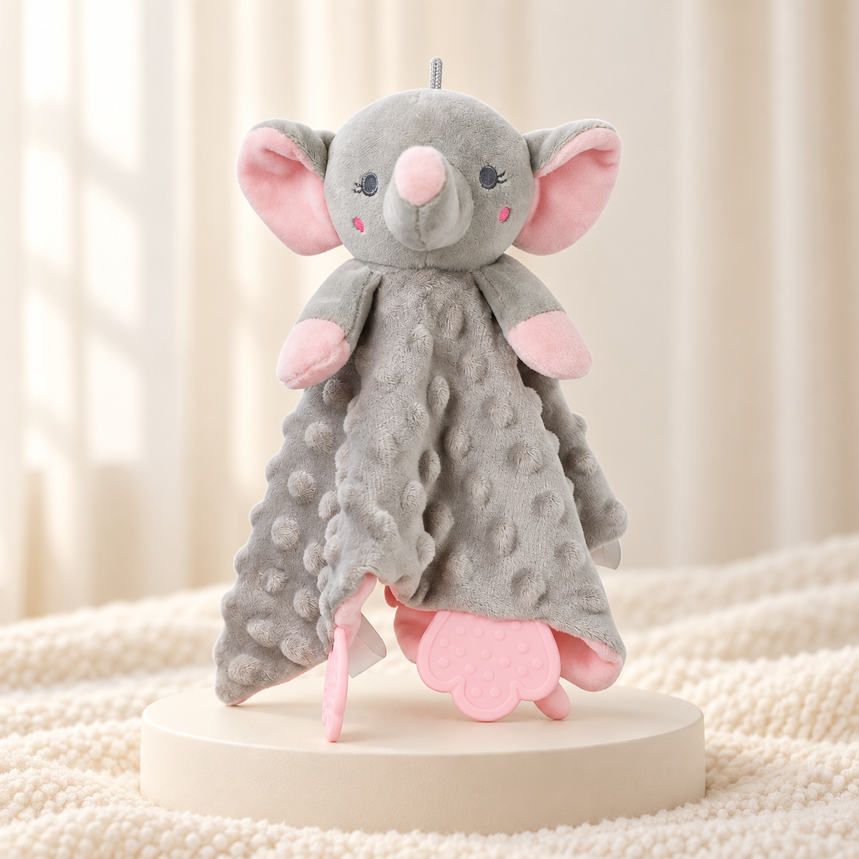Baby Animal Comfort Blanket with Silicone Teether Soft Plush Cuddle Toy with Sensory Ribbon Tags