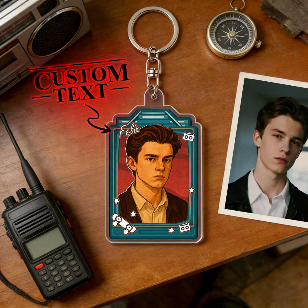 Custom 80s Retro Mystery-Style Keychain | Neon Synth Portrait | Personalized Name Gift