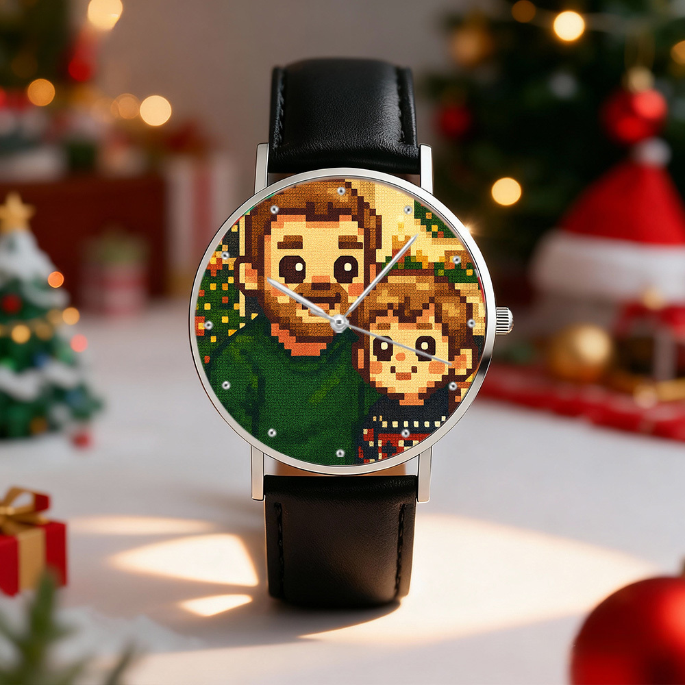 Personalized Engraved Watch, Photo Watch With Black Leather Strap