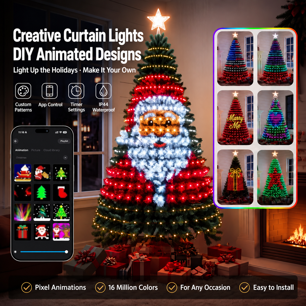 DIY Animated LED Curtain Lights with Custom Patterns for Christmas Tree and Window Decor