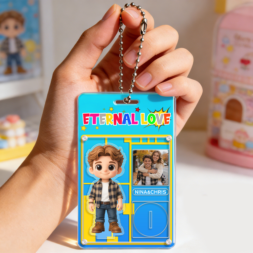 Personalized Couple Photo Keychain with Mini Me Standee, Custom Cartoon Figure & Name Love Tag, Best Valentine’s Gift for Couple