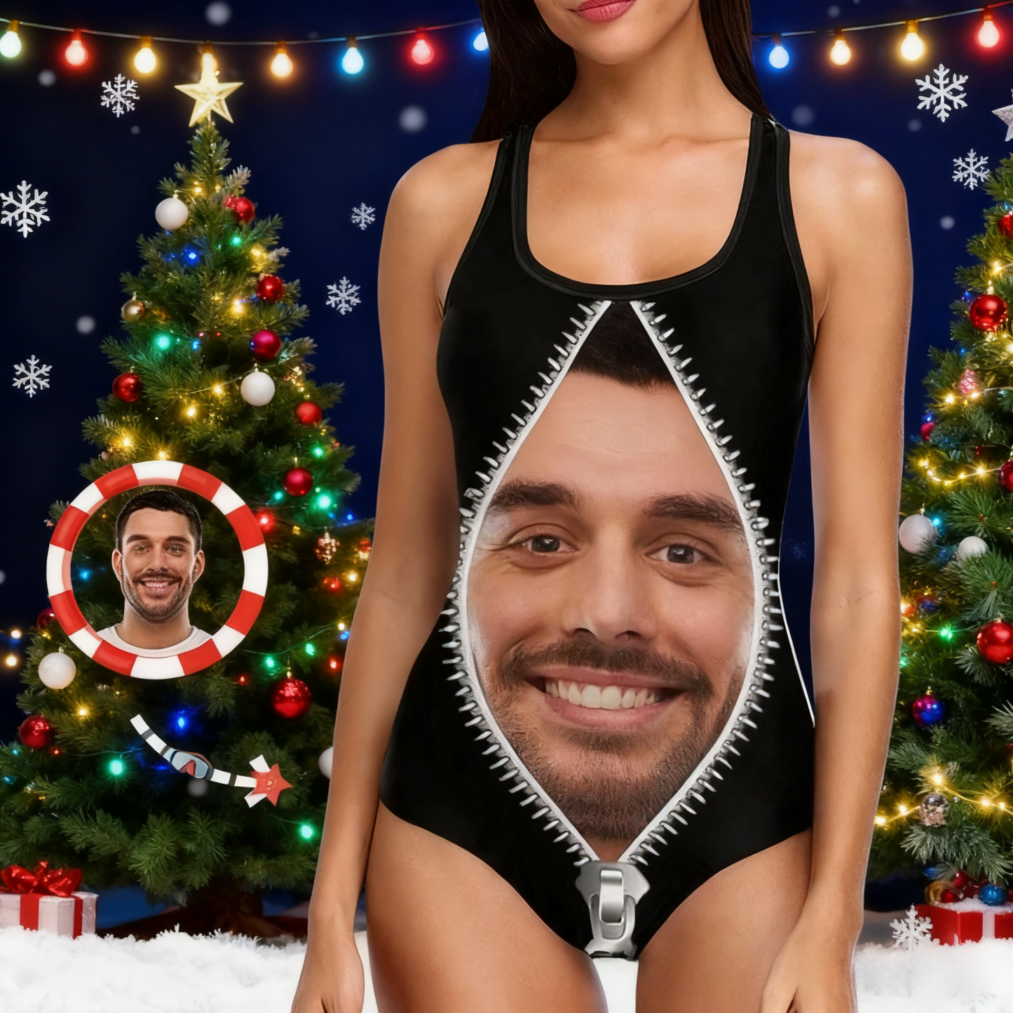 Face Bathing Suit with Husbands Face Christmas Gift One Piece Swimsuit Custom Swimsuit with Picture - Zipper