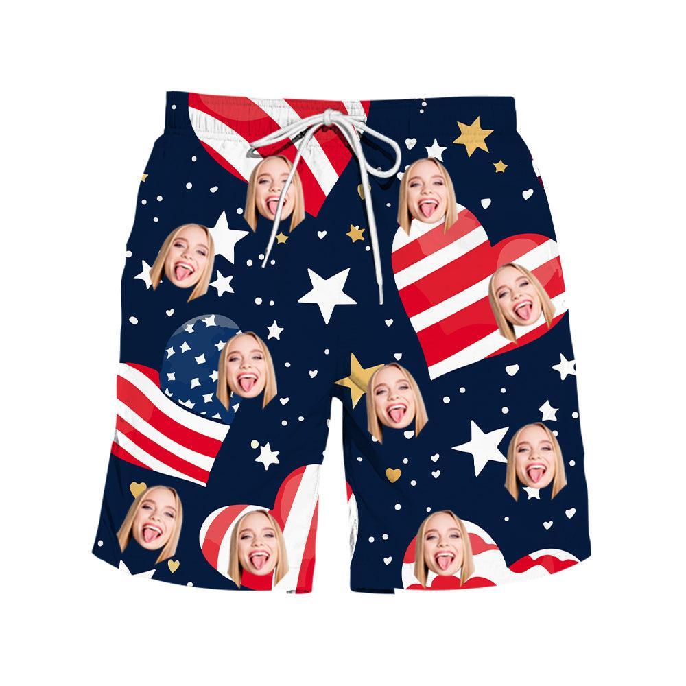 Custom Face Navy Blue Heart Flag Swimwear For Stylish Poolside Looks