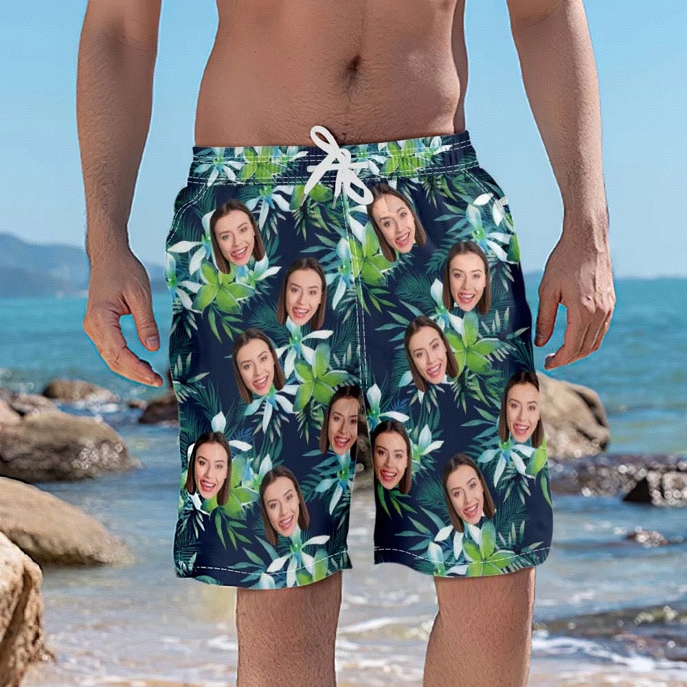 Men's Custom Face Beach Trunks Photo Shorts - Coconut tree
