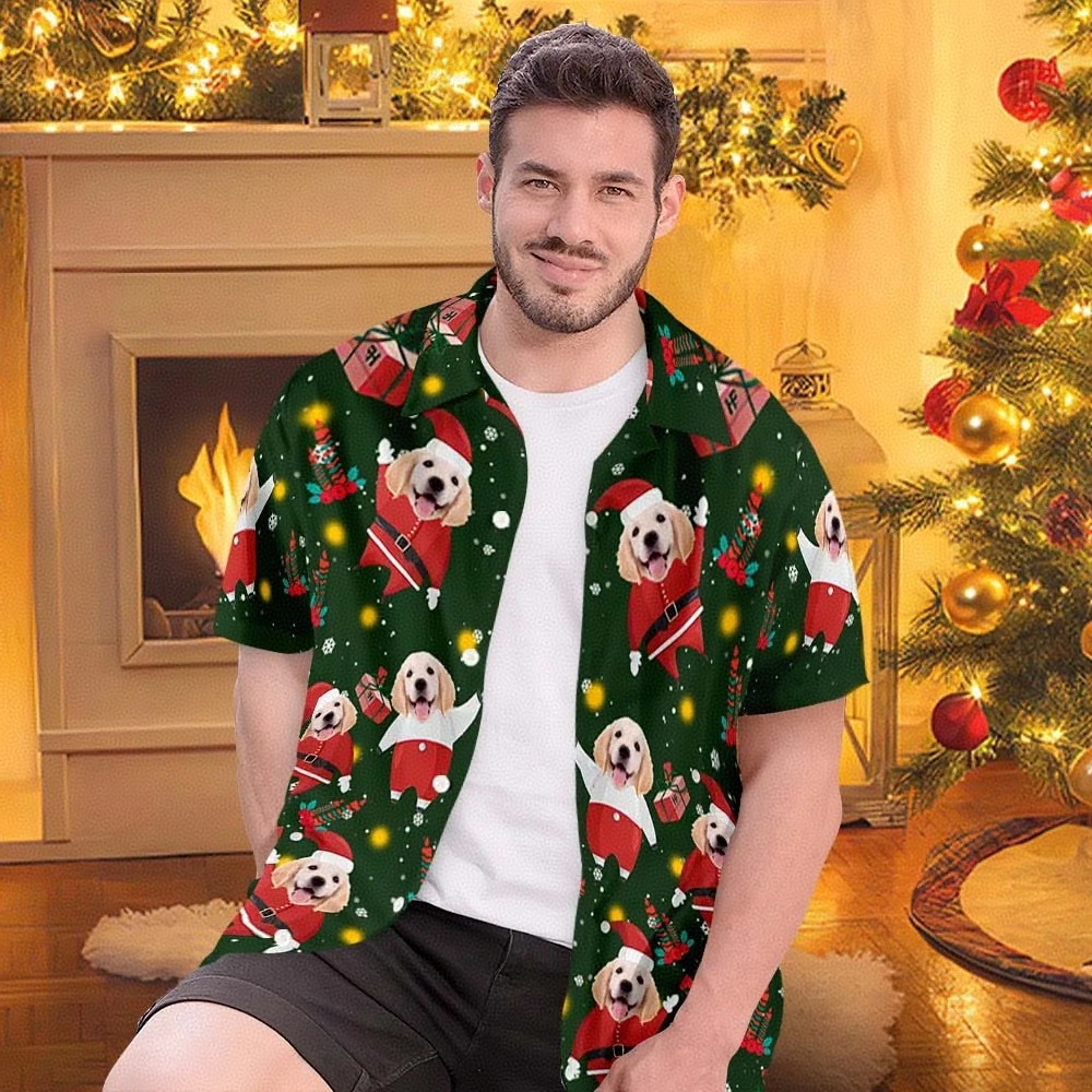Custom Face All Over Print Men's Hawaiian Shirt The Pug Santa Custom Hawaiian Shirt
