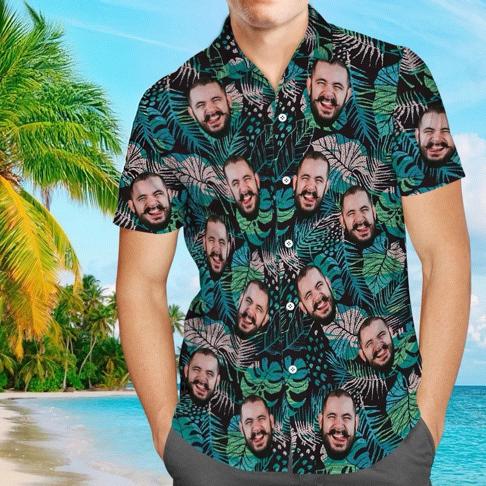 Custom Husband Face Leaves Men's All Over Print Hawaiian Shirt