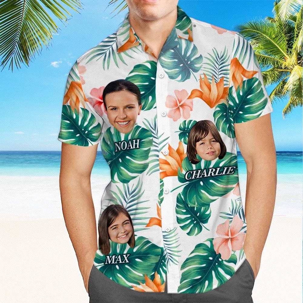 Custom Multi Photo Face And Text Hawaiian Shirt With Palm Leaves And C