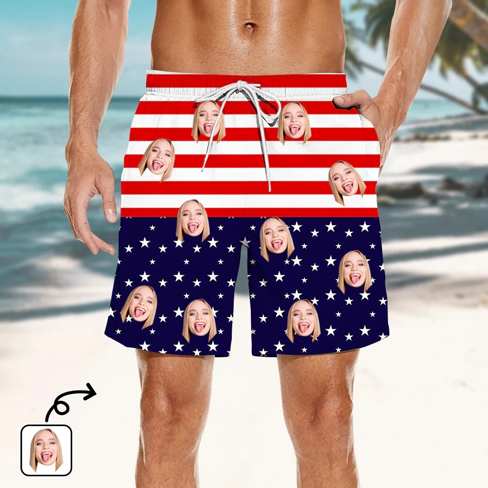 Custom Face Navy Blue Heart Flag Swimwear For Stylish Poolside Looks