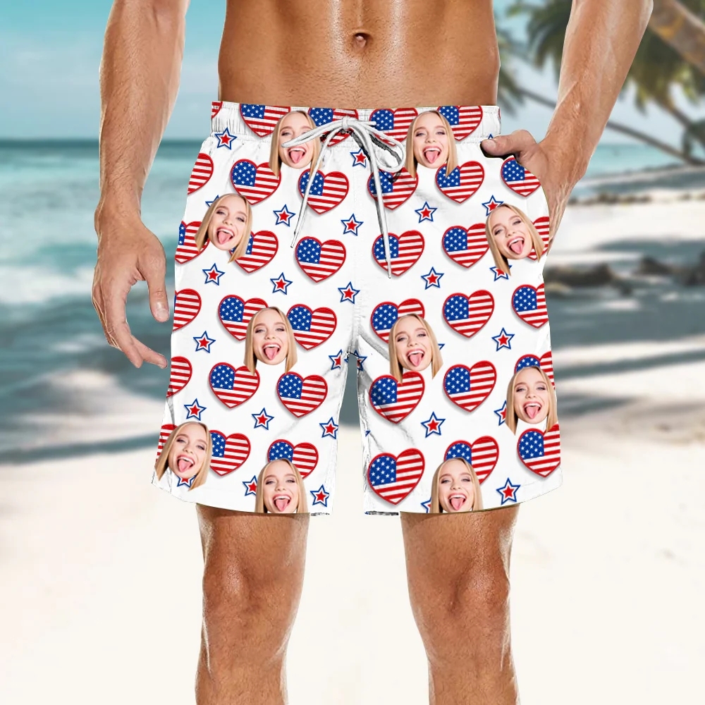 Custom Face Navy Blue Heart Flag Swimwear For Stylish Poolside Looks