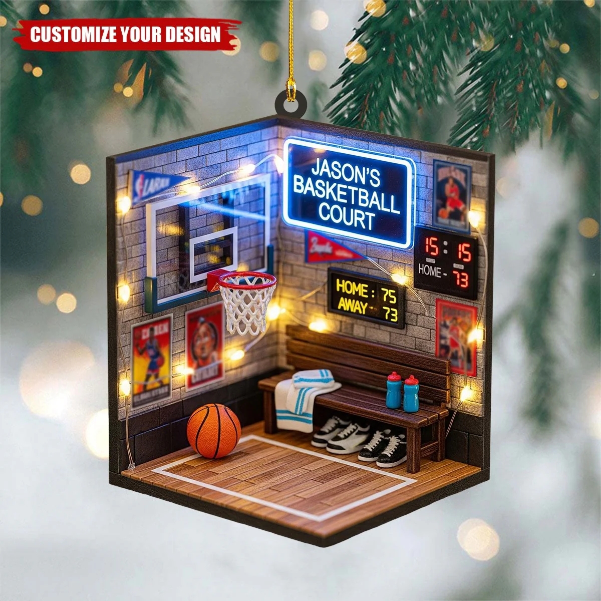 Personalized 2D Basketball Court Acrylic Christmas Ornament Gift for Sports Lovers