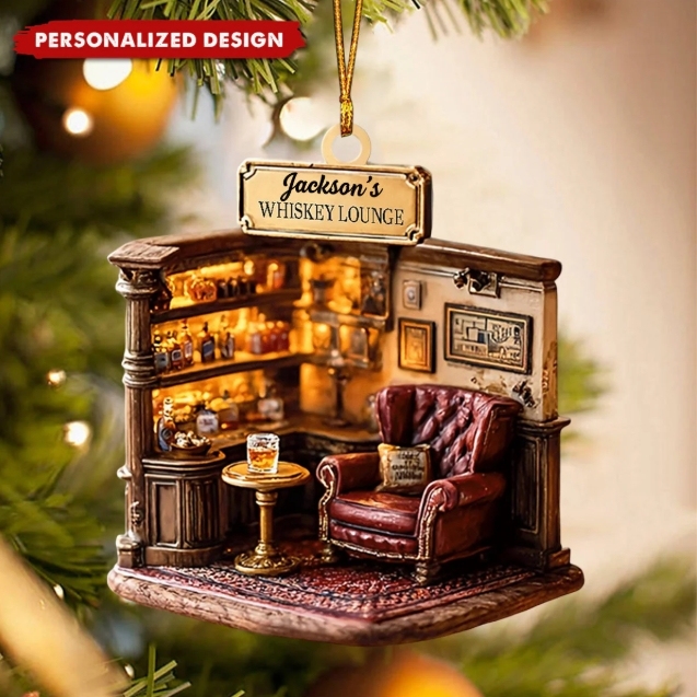 Personalized 2D Whiskey Lounge Ornament Custom Christmas Gift for Whiskey Lovers
