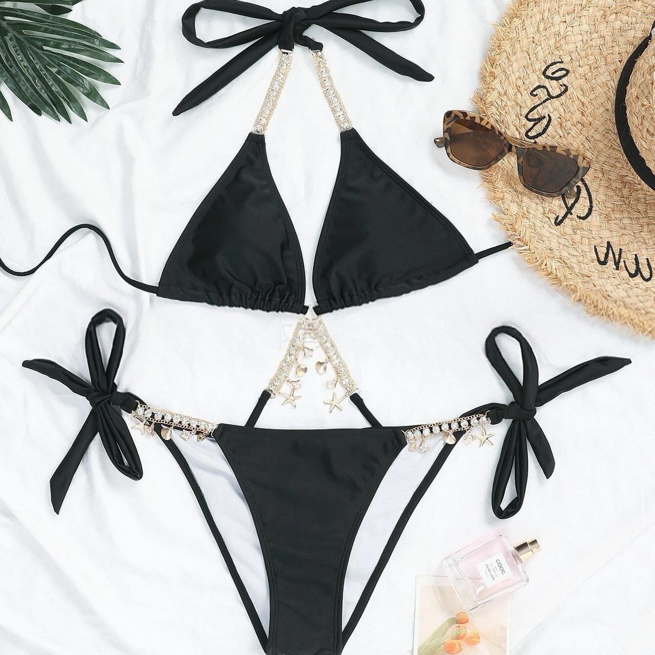 Rhinestone Criss Cross Bikini Set – Sexy Diamond-Trim Two-Piece Swimsuit