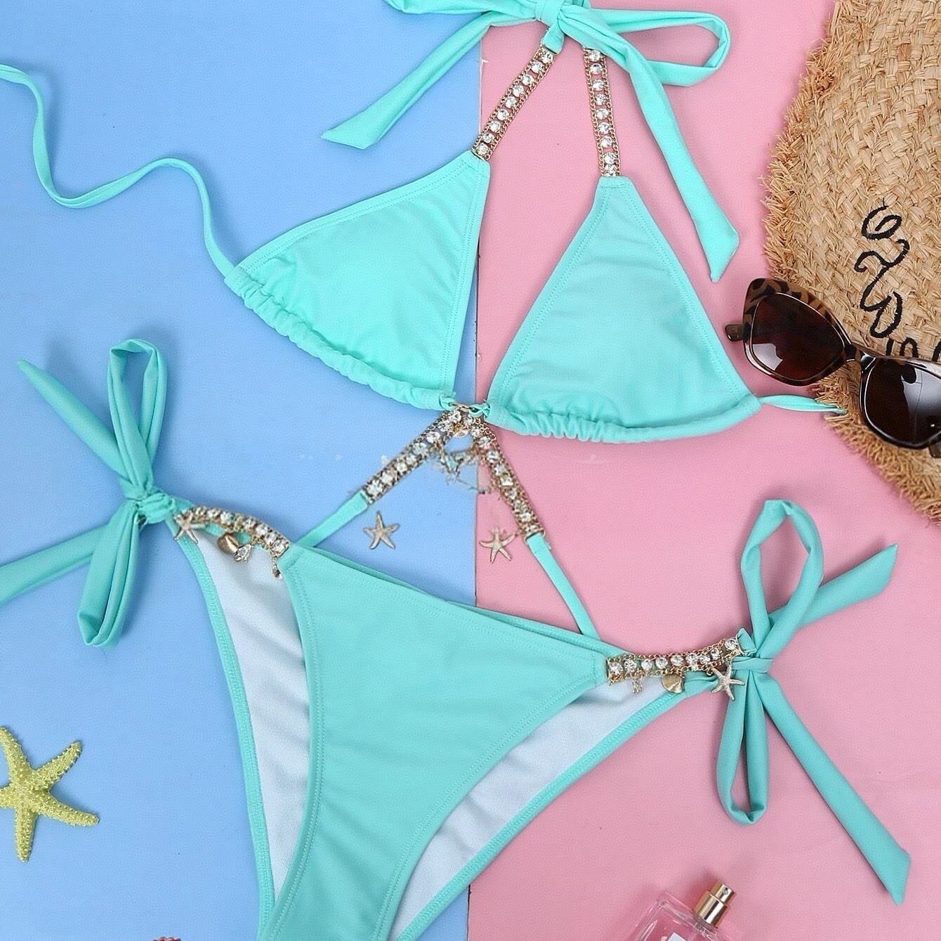 Rhinestone Criss Cross Bikini Set – Sexy Diamond-Trim Two-Piece Swimsuit