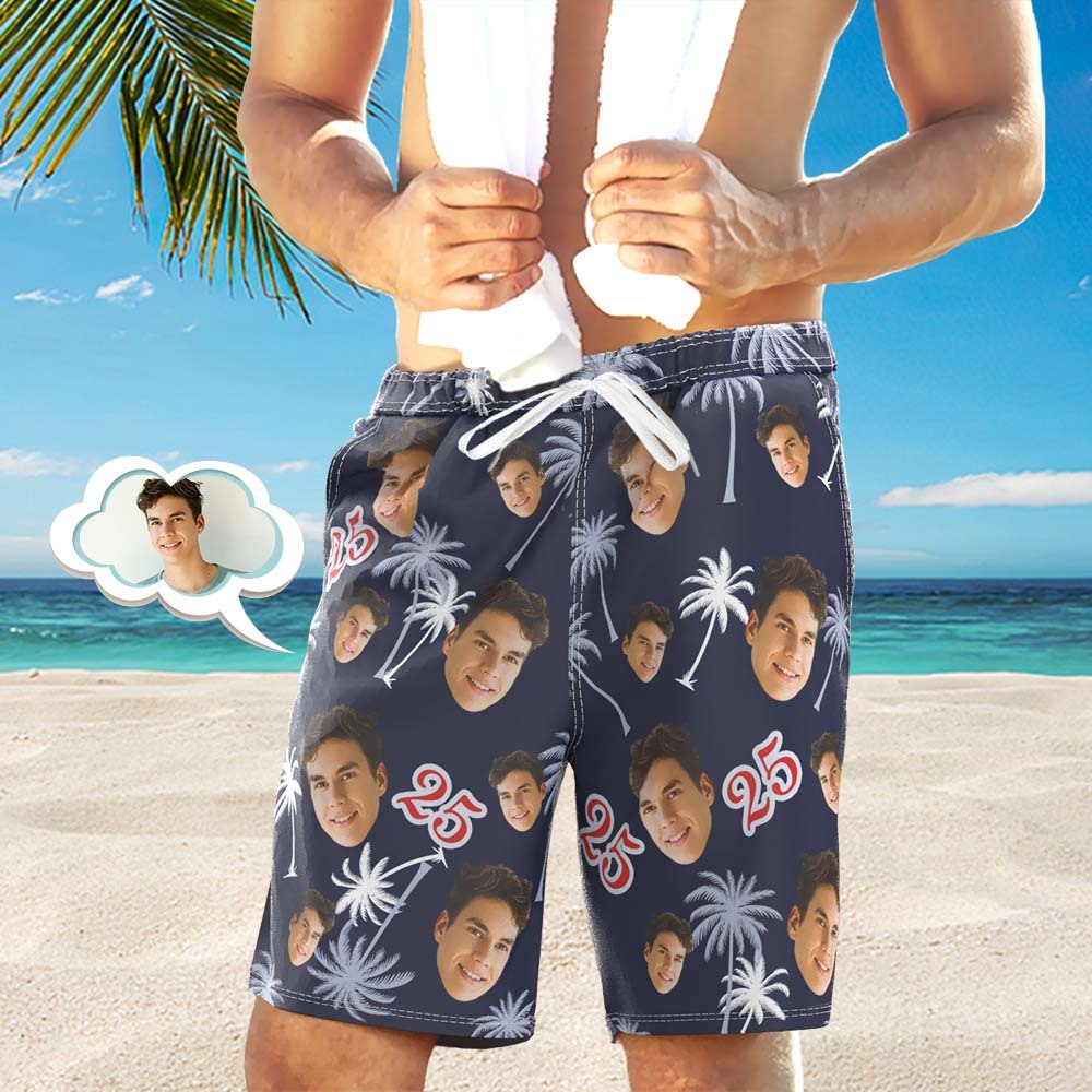 Custom Face And Number Birthday Beach Shorts Red And White Coconut Tree Beach Trunks