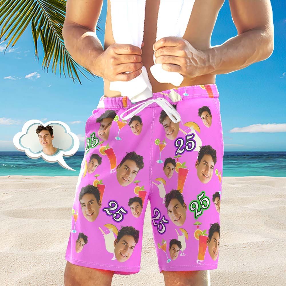 Custom Pink Face And Age Beach Shorts Desserts and Drinks Beach Trunks