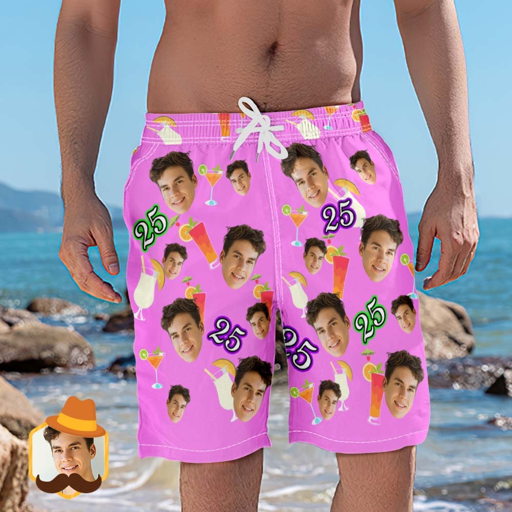 Custom Pink Face And Age Beach Shorts Desserts and Drinks Beach Trunks