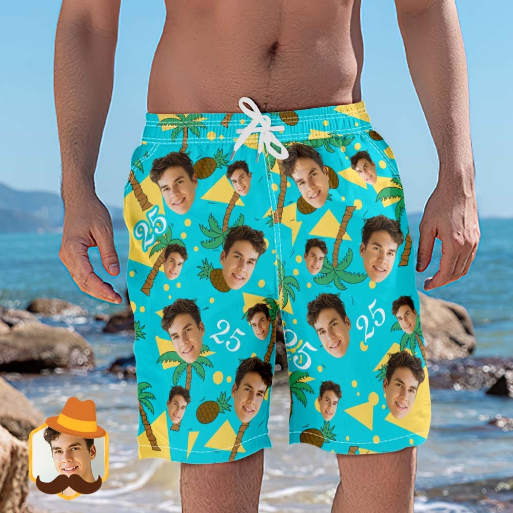 Custom Face And Number Beach Shorts Coconut And Pineapple Multicolor Beach Shorts