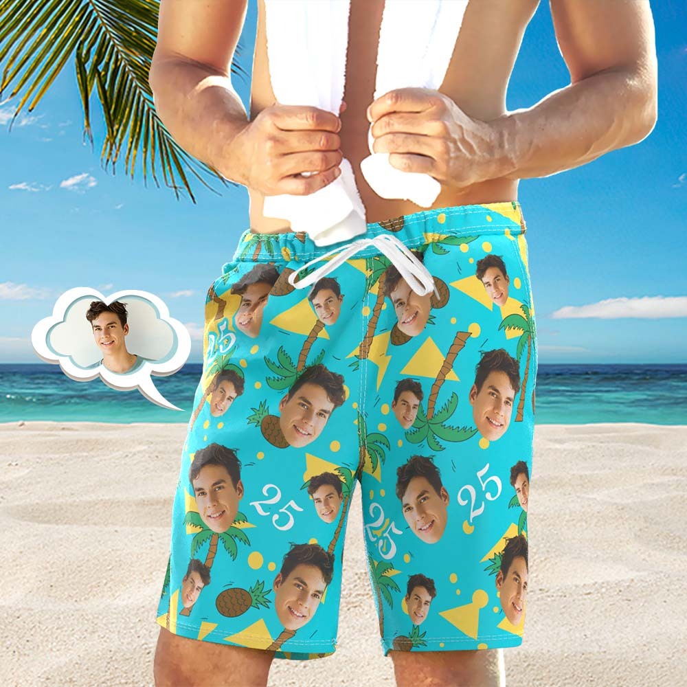 Custom Face And Number Beach Shorts Coconut And Pineapple Multicolor Beach Shorts