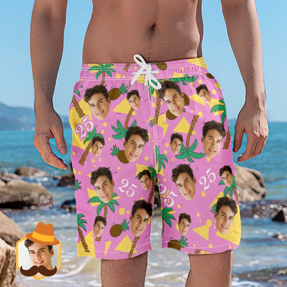 Custom Face And Number Beach Shorts Coconut And Pineapple Multicolor Beach Shorts